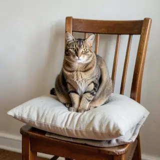 A cat sitting on a pillow, the pillow placed on a wooden cha