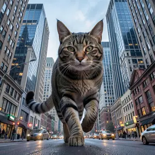 A giant tabby cat walking between city skyscrapers like a ka