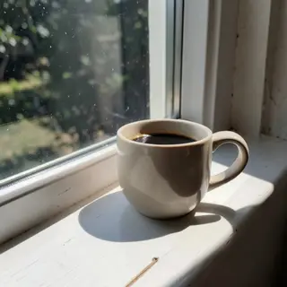 A coffee mug on a sunny windowsill casting a sharp shadow to