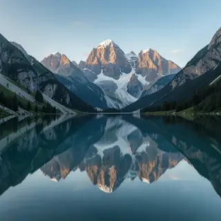 A mountain range reflected in a still alpine lake, with the 
