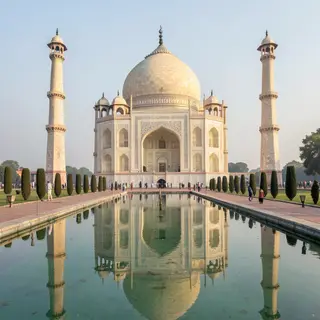The Taj Mahal in Agra seen from the reflecting pool, with ac