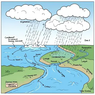 A detailed diagram of the water cycle showing evaporation fr