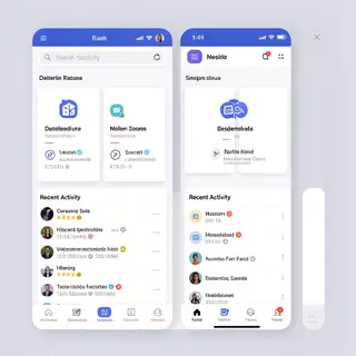 A mobile app UI mockup showing a dashboard with a top naviga