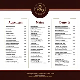 A restaurant menu layout with a logo header, three category 