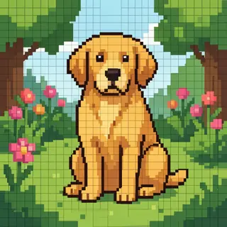 A golden retriever sitting in a garden, rendered in pixel ar