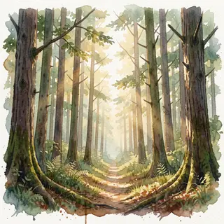 A forest rendered in photorealistic watercolor — the detail 
