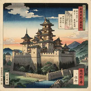 A medieval castle depicted in Japanese ukiyo-e woodblock pri
