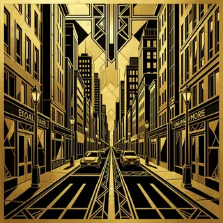A city street scene in the style of Art Deco — geometric sha