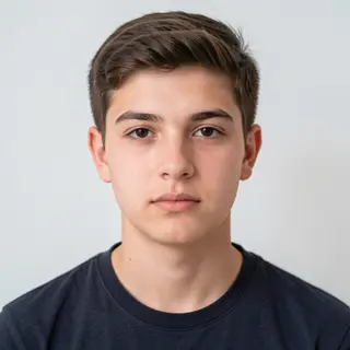 A headshot of a teenager with a relaxed, neutral face