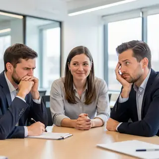 Three coworkers in a meeting: one looking frustrated with fu