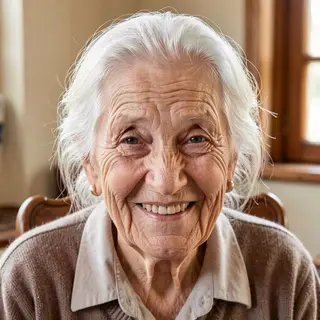 An elderly woman in her 80s with deep wrinkles and white hai