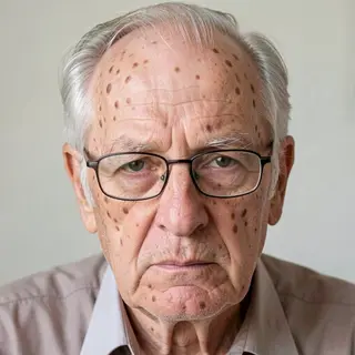 An elderly man in his 70s with age spots and thinning gray h