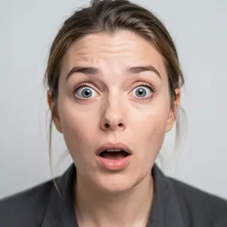 A portrait capturing genuine surprise — raised eyebrows, wid