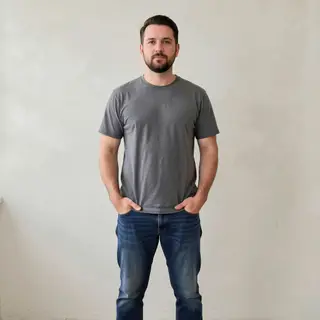 A man standing straight facing the camera, hands in pockets,