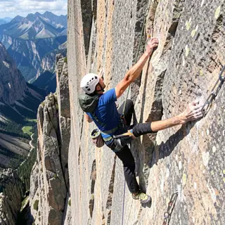 A rock climber clinging to a cliff face with arms and legs e