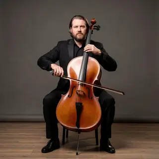 A cellist seated with correct posture, legs around the instr
