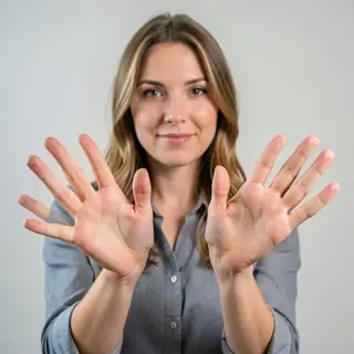 A woman holding her hands out in front of her palms-up, all 