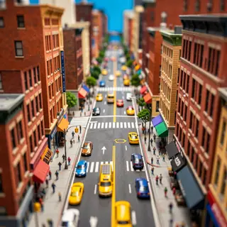 A tilt-shift photograph of a city street making real-life lo
