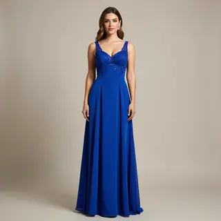 A woman wearing a royal blue evening dress against a neutral