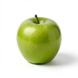 A ripe green apple on a seamless white background with soft 