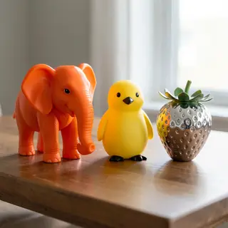 An orange elephant, a yellow penguin, and a silver strawberr