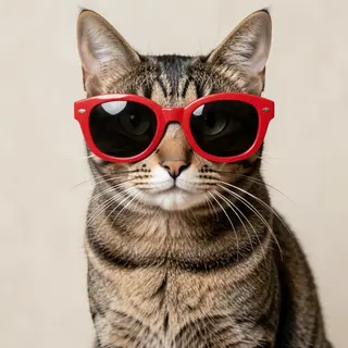 A tabby cat wearing oversized red sunglasses