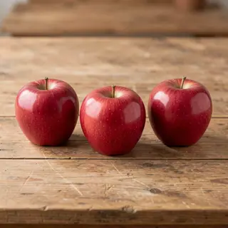 Exactly 3 red apples arranged on a wooden table