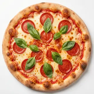 A pepperoni pizza with tomato sauce, basil, and crust but ab
