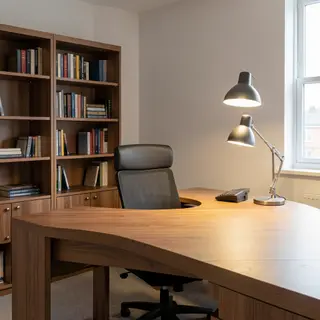 An office workspace with a desk, chair, bookshelf, and lamp 