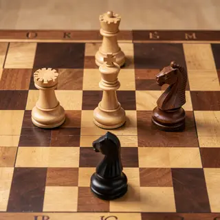Five chess pieces on a board: a king in the center, a queen 