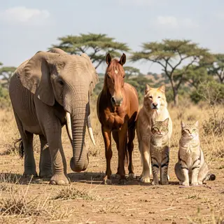 A group photo of an elephant, a horse, a dog, a cat, and a m