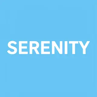 The word 'SERENITY' written large and centered on a solid li