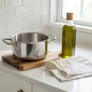 A kitchen counter with a stainless steel pot, a wooden cutti
