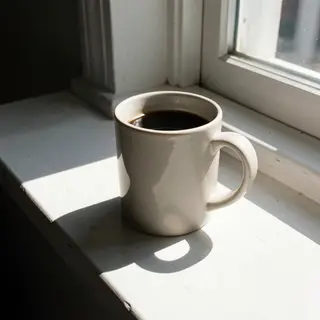 A coffee mug on a sunny windowsill casting a sharp shadow to