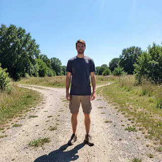 A person standing outdoors at midday with a short shadow dir