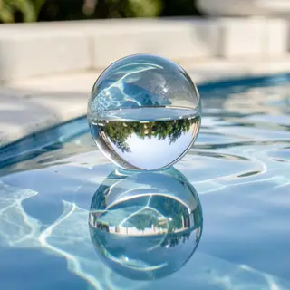 A clear glass sphere sitting on a mirror surface near a pool