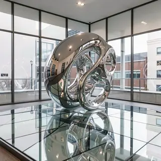A chrome sculpture in a room with a glass floor and large wi