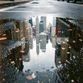 A city skyline reflected in a rain puddle on a street, with 