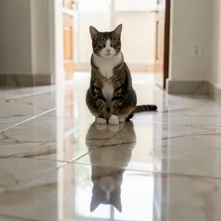 A cat sitting on a polished marble floor with its reflection