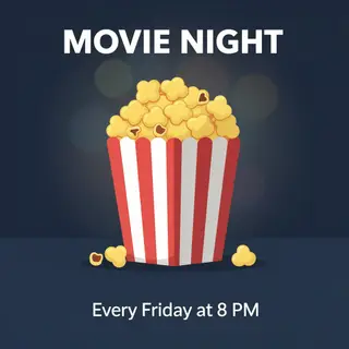 A movie night poster with a large popcorn image in the cente