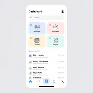 A mobile app UI mockup showing a dashboard with a top naviga