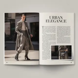 A fashion magazine spread with a full-bleed left-page photo,