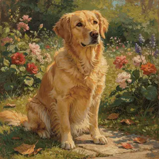 A golden retriever sitting in a garden, painted in the style