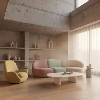 An interior scene rendered in soft brutalism — raw concrete 