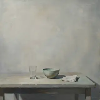 A still life painted in anxious minimalism — sparse composit