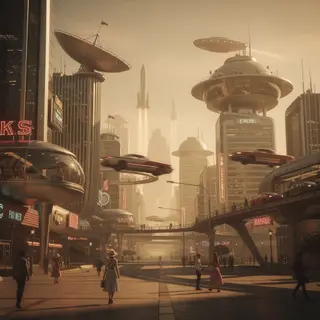 A cityscape rendered in nostalgic futurism — retro-futuristi