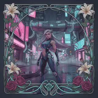 A woman in a futuristic city rendered in cyberpunk Art Nouve