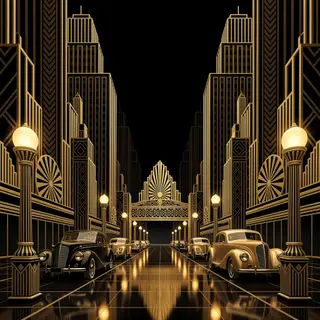 A city street scene in the style of Art Deco — geometric sha