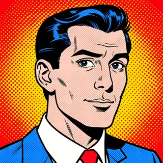 A portrait of a man in Pop Art style — bold outlines, Ben-Da