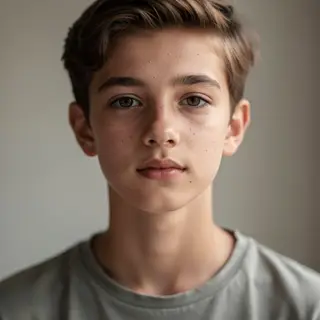 A headshot of a teenager with a relaxed, neutral face